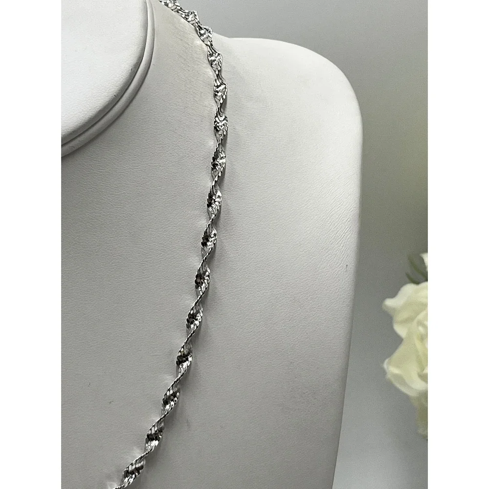 Solid Sterling Silver 925 Italian Twisted Sparkle‎ Chain Necklace Rhodium 17.5